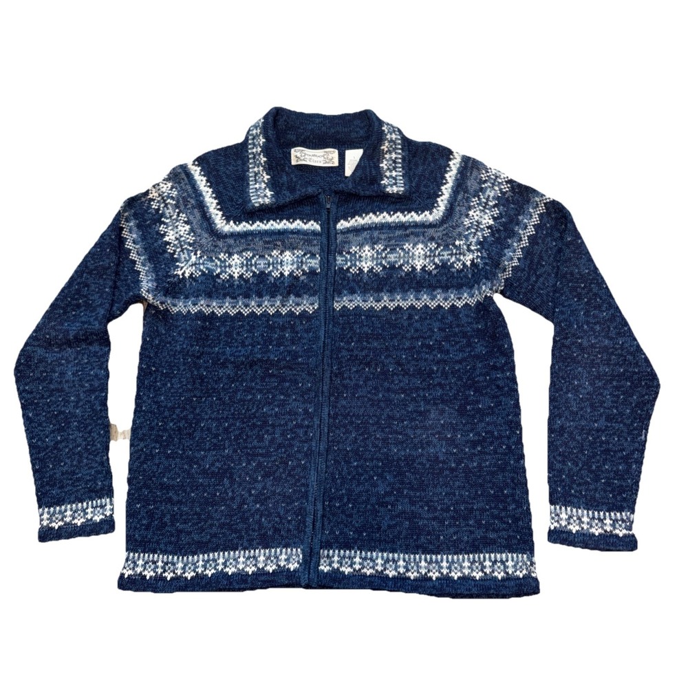 Ciara Icelandic Cardigan Sweater Women's Large Blue Nordic Fair Isle Full Zip